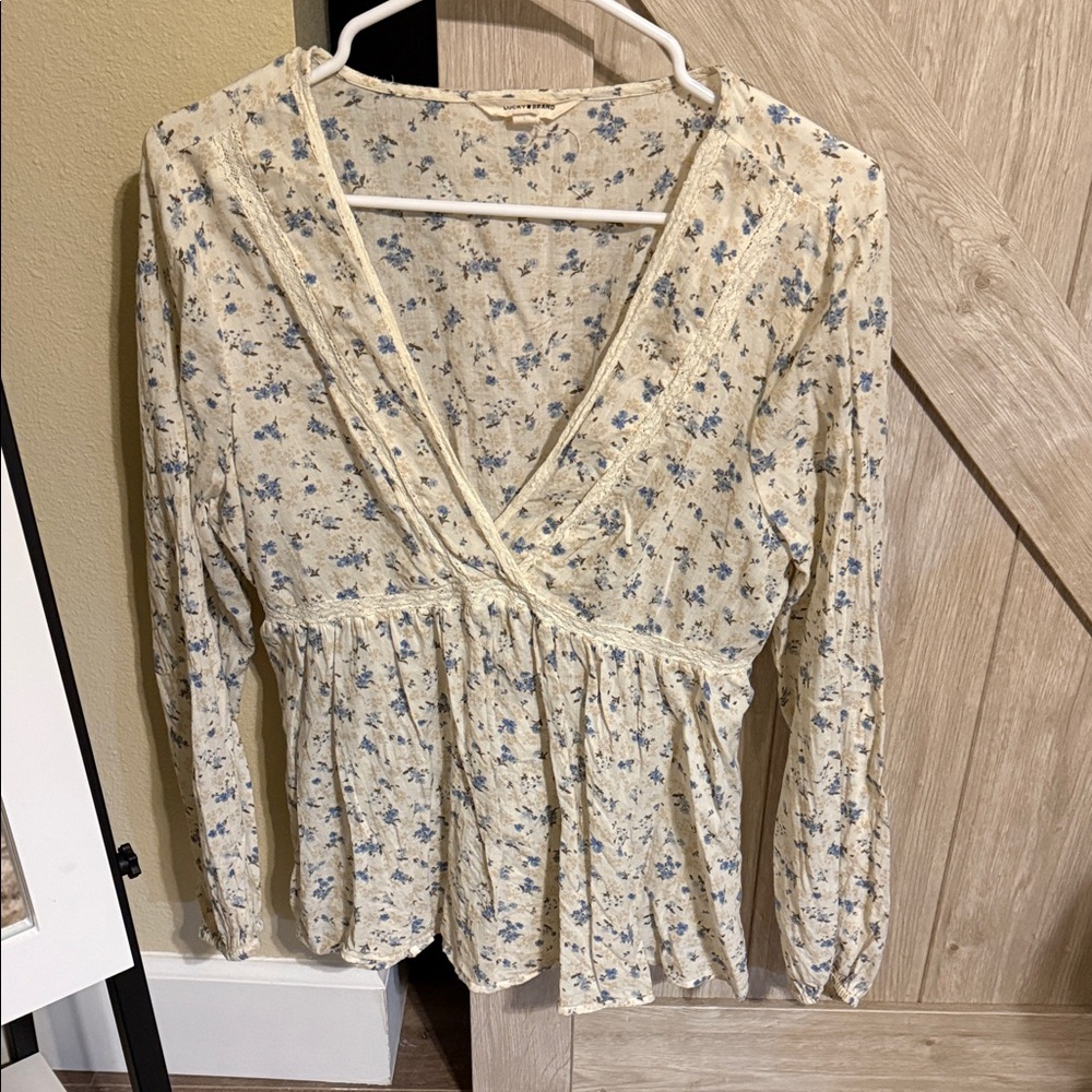 Lucky Brand Cream and Blue Floral Blouse